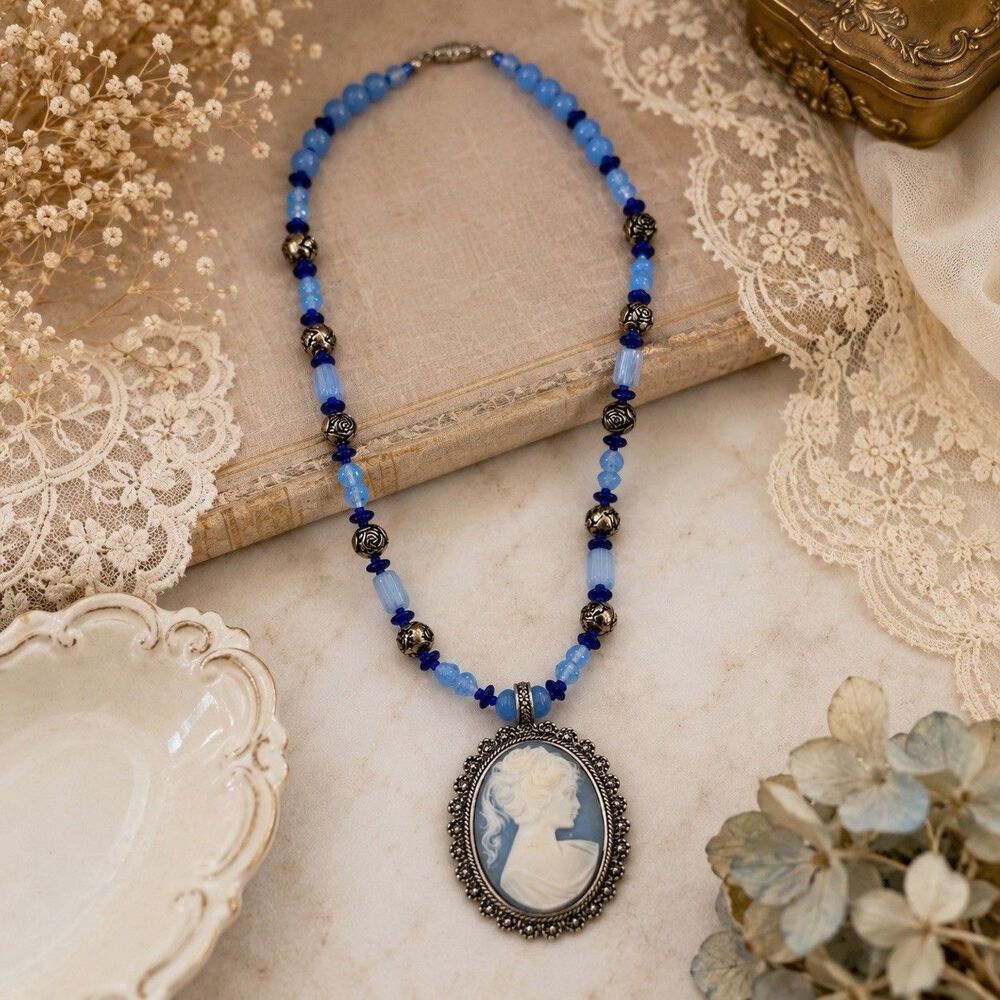 Vintage Express Cameo Blue Beaded Necklace Victorian Lady Portrait Pendant